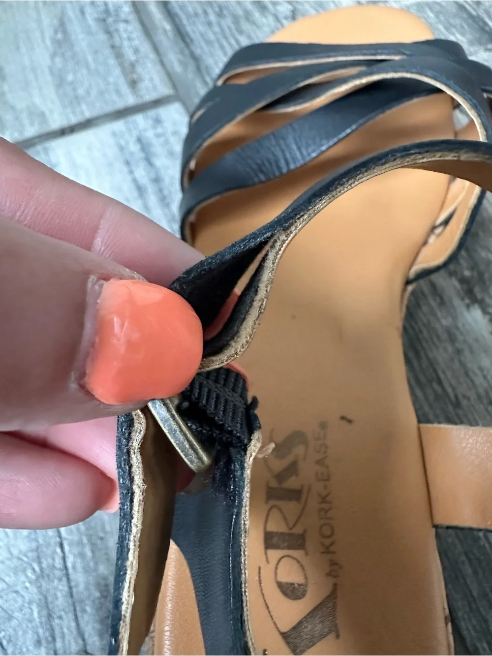 Kork-Ease Black Leather Wedge Sandals Adjustable Ankle Strap Size 7